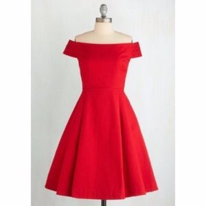 Red off-the-shoulder Emily & Fin fit & flare dress